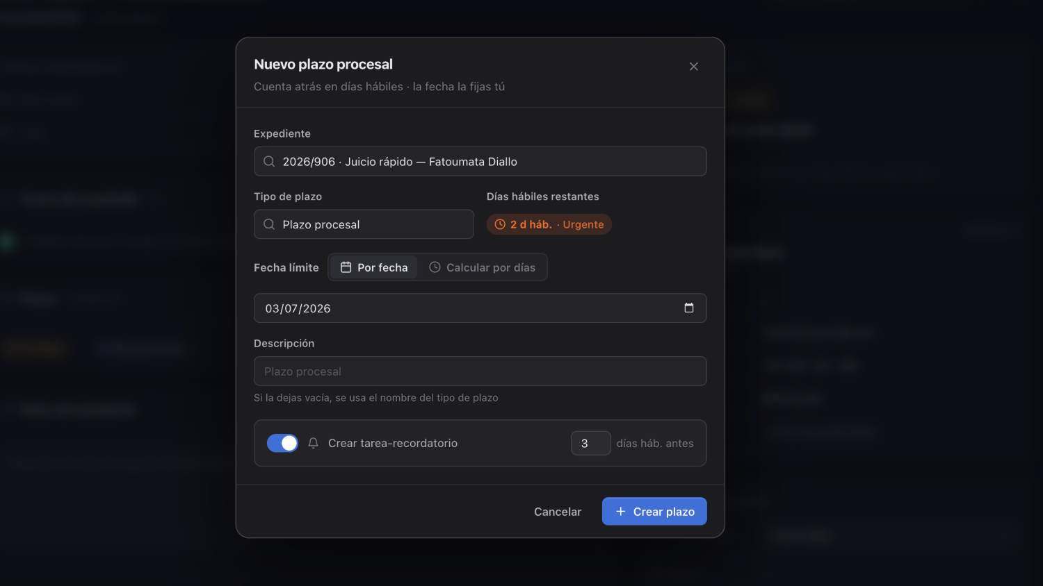 Modal «Nuevo plazo procesal»: cuenta atrás en días hábiles, urgente a 2 días, recordatorio activado